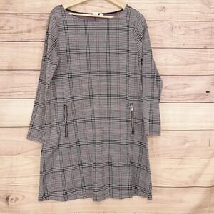 Gap Dress Womens L Gray Plaid Shift Long Sleeve Knit Zip Pockets Workwear